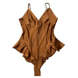 SKIMS Women's Silk Ruffle Loungewear Lingerie Teddy Bodysuit In Bronze Size M